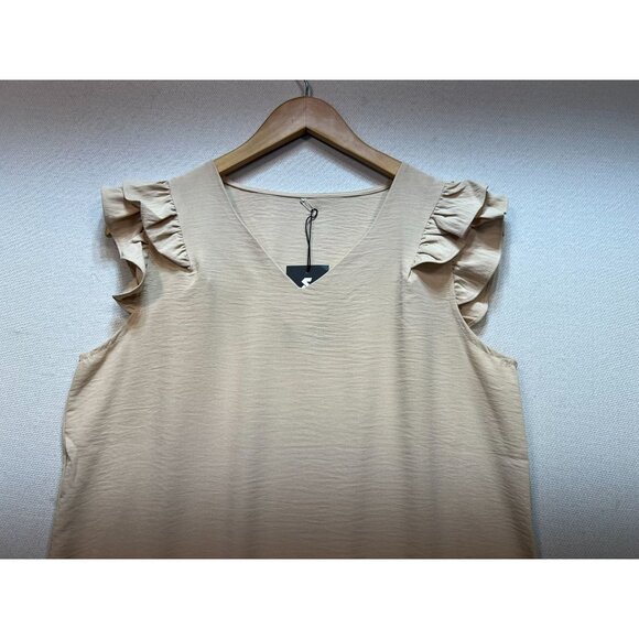 Doublju Women's V Neck Top Ruffled Short Sleeve Stretch Size L Beige Lightweight - Picture 7 of 13